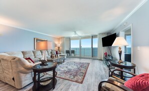 Condo, Multiple Beds, Balcony, Ocean View (#2535 - No Pets) | Living area | TV - Emerald Beach by Southern Vacation Rentals (Panama City Beach)