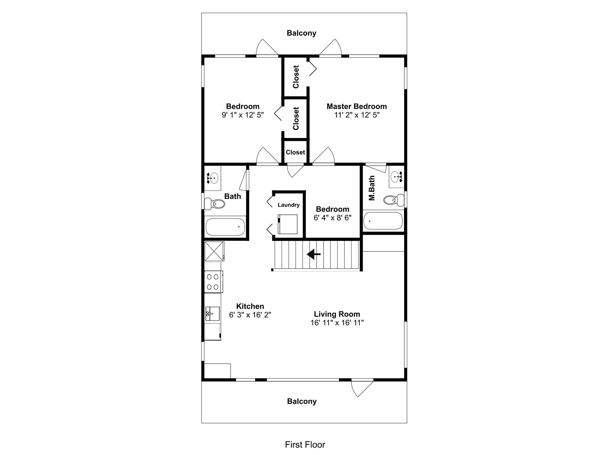A first-floor floor plan with a master bedroom, two standard bedrooms, a living room, a kitchen, a bathroom, a laundry room, and a balcony.