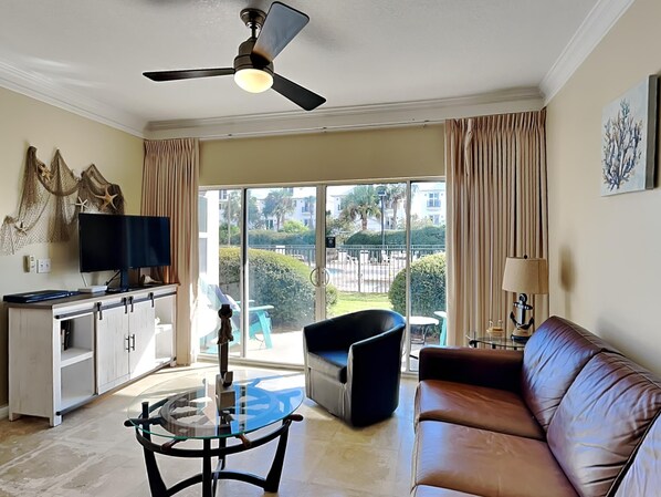 Condo, Multiple Beds, Kitchen, Garden View (#104 - No Pets) | Living area | TV - Emerald Waters by Southern Vacation Rentals (Miramar Beach)