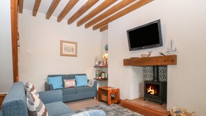 Una sala de estar acogedora con un sofá, una chimenea y un televisor.