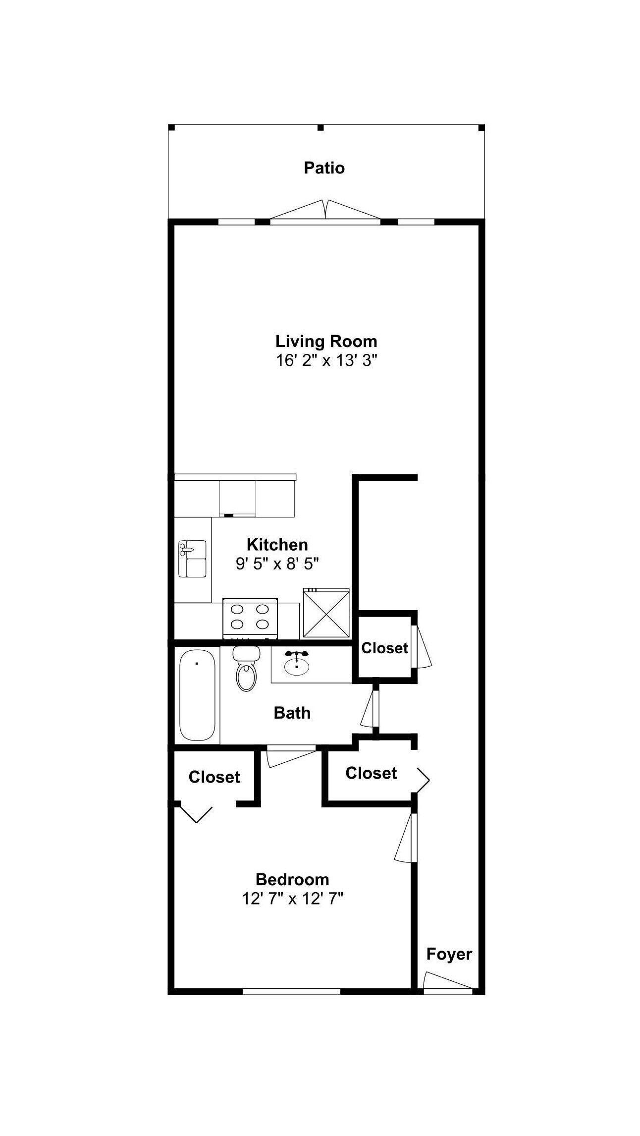 A floor plan of a house with a patio, living room, kitchen, two closets, a bathroom, and a bedroom.