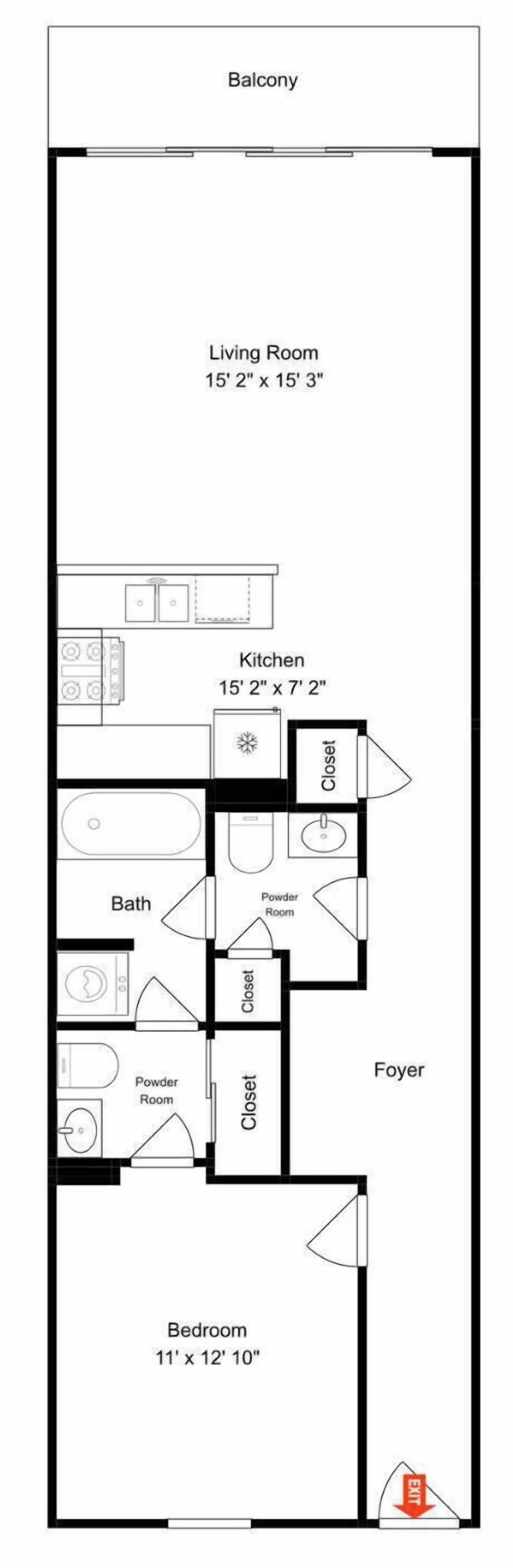 Grundplan over et hotelværelse med balkon, stue, køkken, badeværelse, gæstetoilet, entre og soveværelse.
