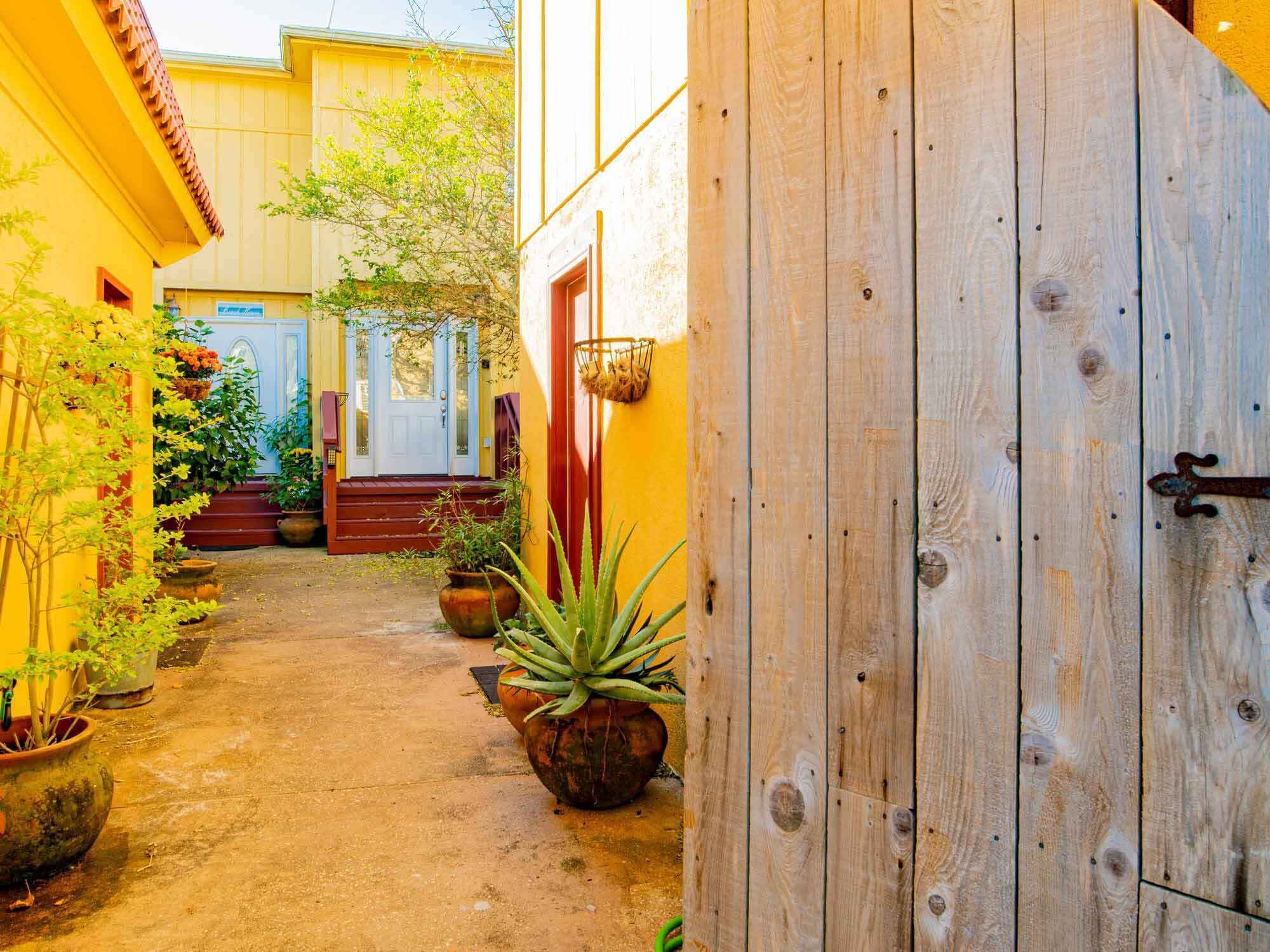 A narrow alleyway with potted plants and a wooden door.