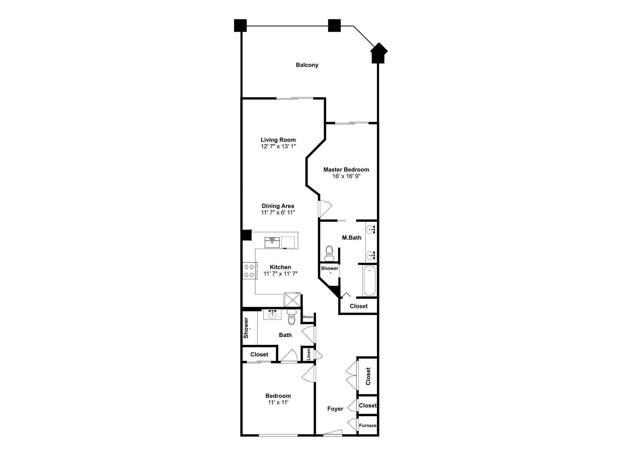 A floor plan of a hotel room with a balcony, living room, master bedroom, dining area, kitchen, bathroom, and closet.