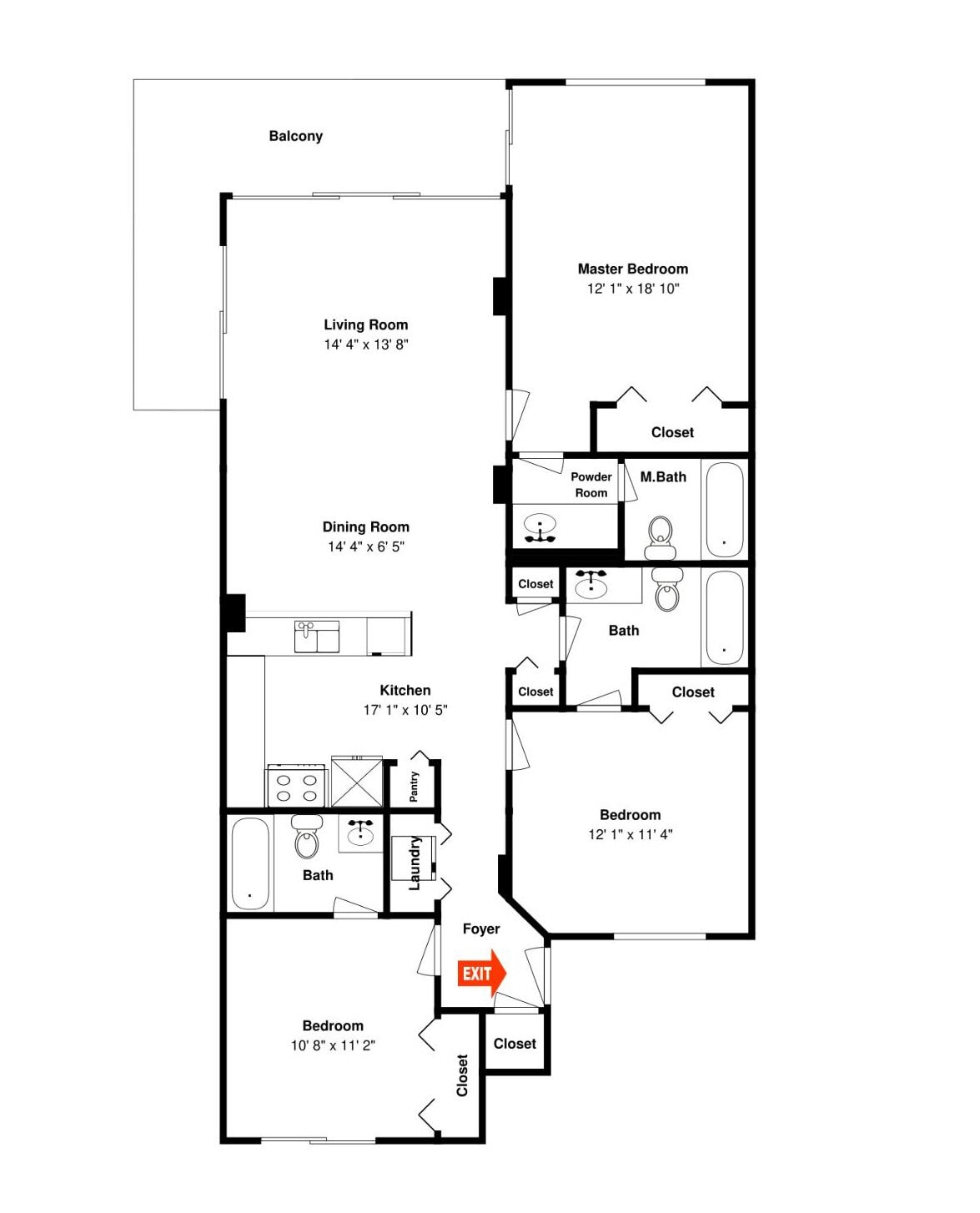 A floor plan of a hotel with a balcony, master bedroom, living room, dining room, kitchen, and two bedrooms.