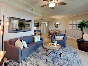 Condo, Multiple Beds, Balcony, Ocean View (#411D - No Pets) | Living area | 40-inch TV with digital channels, MP3 dock - Mediterranea by Southern Vacation Rentals (Miramar Beach)
