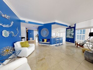 Condo, Multiple Beds, Balcony, Ocean View (#601E - No Pets) | Living area | TV - Mediterranean by Southern Vacation Rentals (Pensacola)