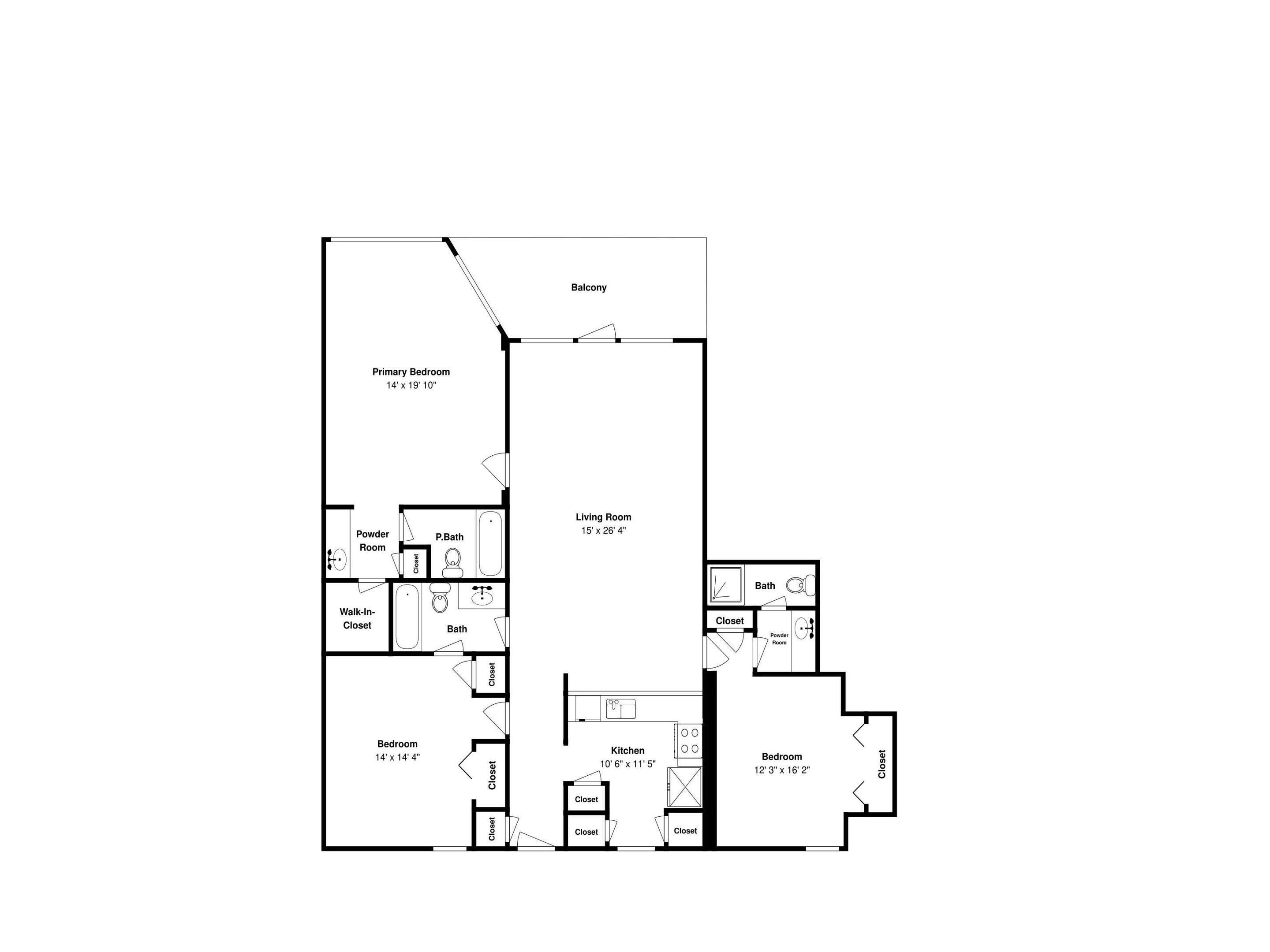 A floor plan of a hotel room with a balcony, primary bedroom, powder room, walk-in closet, bathroom, kitchen, and two bedrooms.