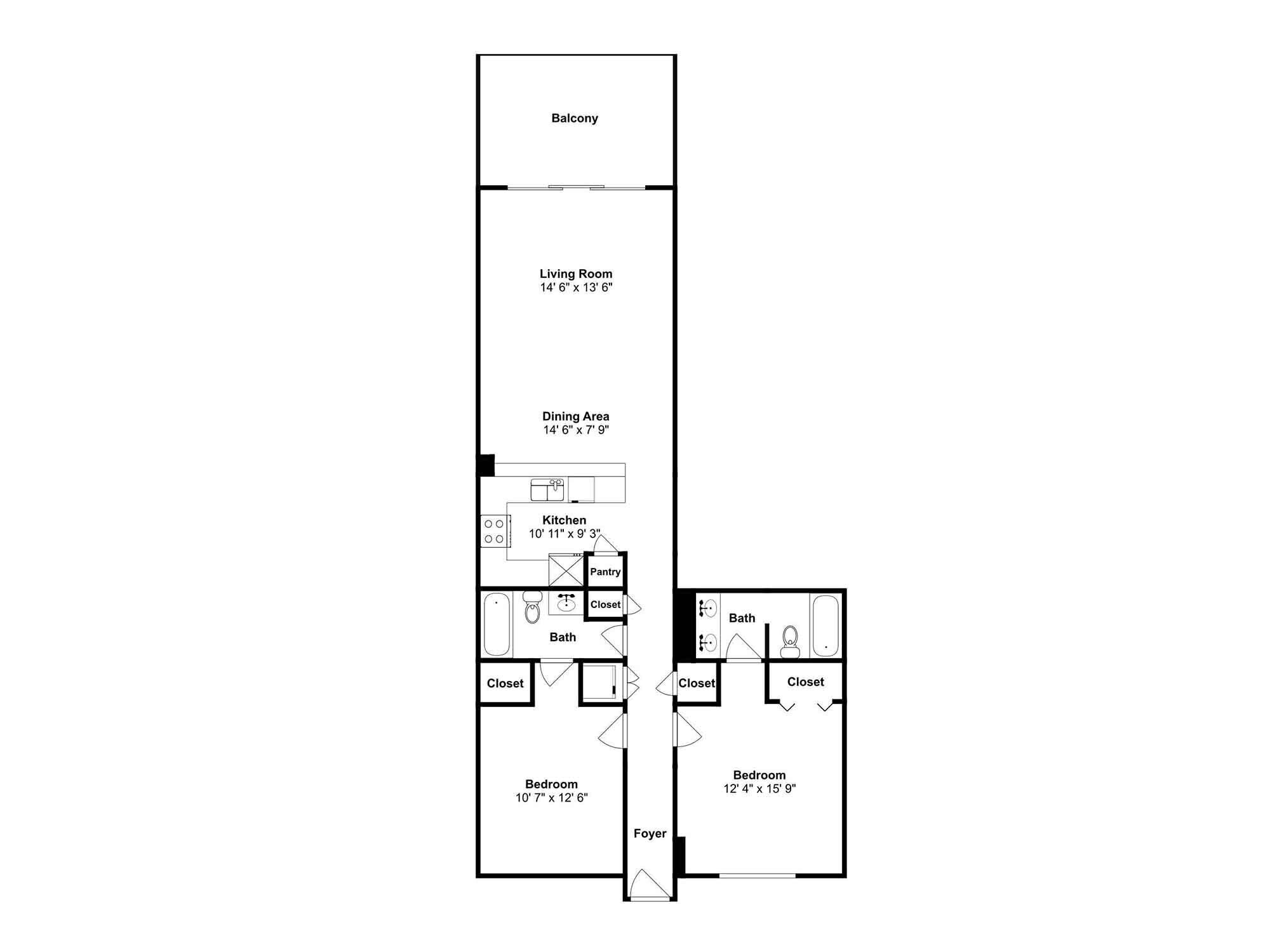 A floor plan of a hotel room with a balcony, living room, dining area, kitchen, bathroom, and two bedrooms.