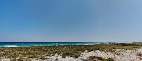 Ein Strand mit Holzsteg und vereinzelter Vegetation.