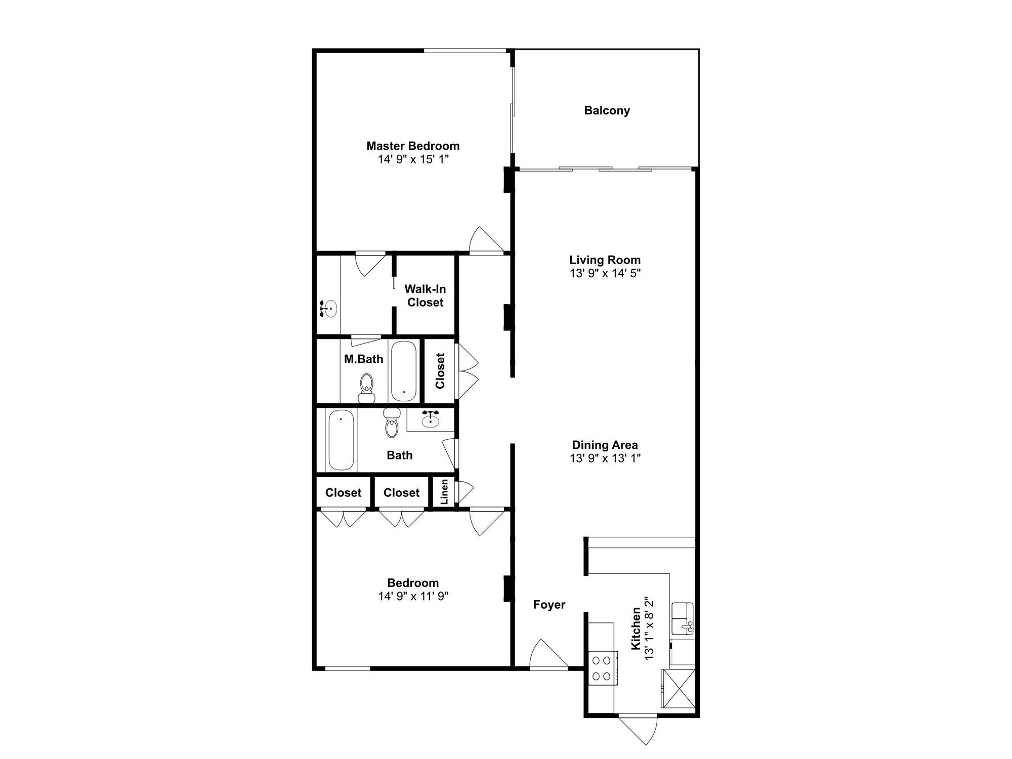 Ein Grundriss eines Hotelzimmers mit Schlafzimmer, Balkon, Wohnzimmer, Essbereich, Küche, Bad und begehbarem Kleiderschrank.