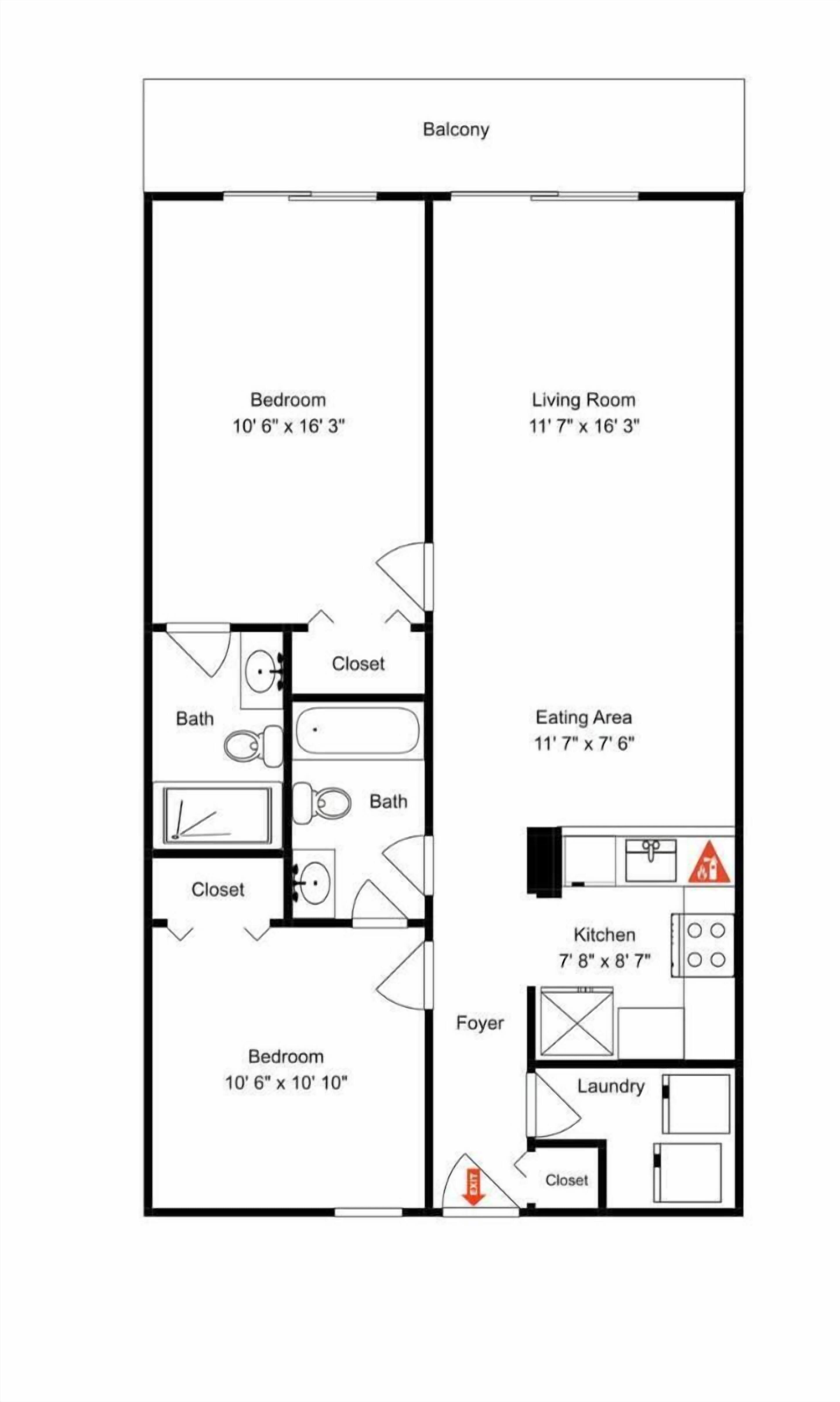 Plan d’étage d’un appartement-studio avec balcon, deux chambres, un salon, un coin repas, une cuisine, une salle de bain, un hall d’entrée et un espace buanderie.