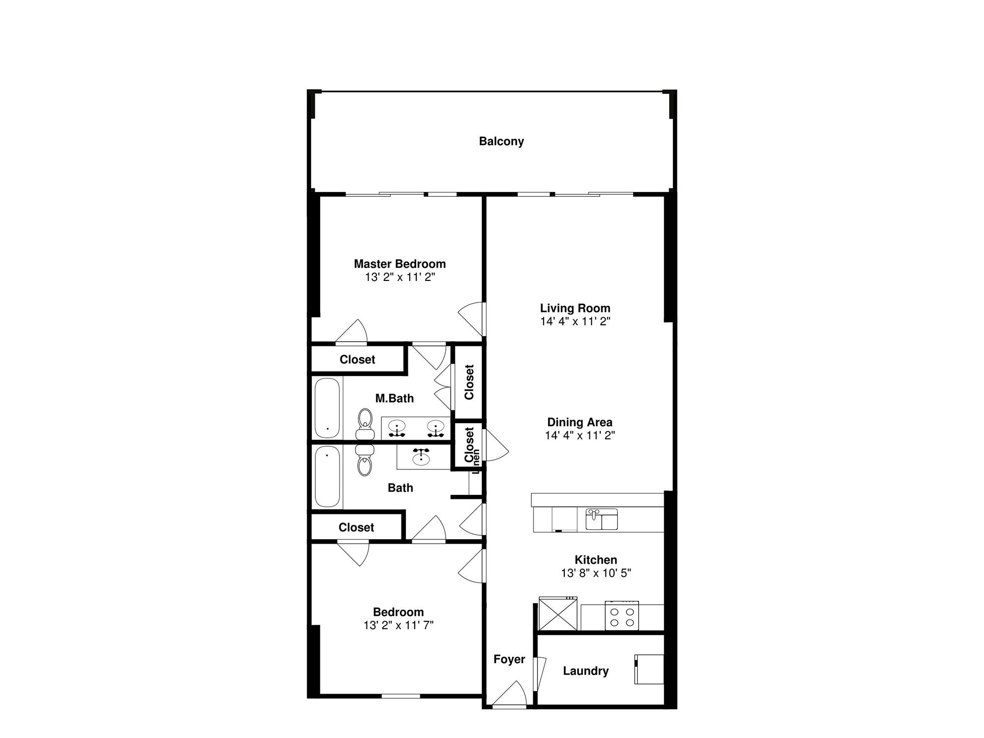 Plano de un cuarto de hotel con balcón, habitación principal, sala de estar, comedor, cocina y lavandería.