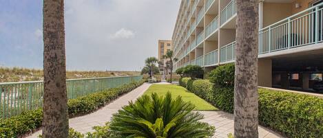 Un hotel con un camino central bordeado por palmeras y follaje cuidado, que conduce a un edificio con varios balcones.
