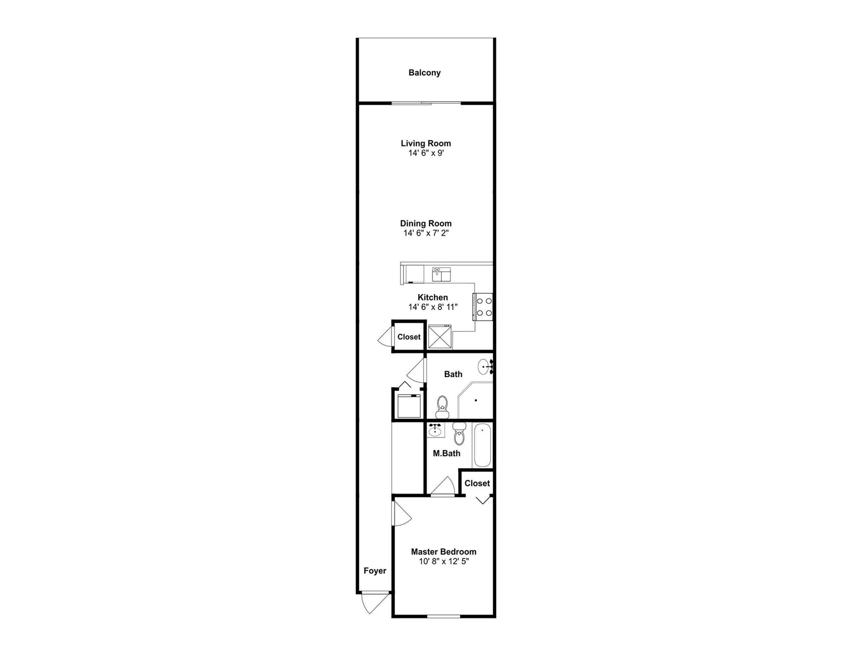 A floor plan of a hotel room with a balcony, living room, dining room, kitchen, master bedroom, master bathroom, and two closets.