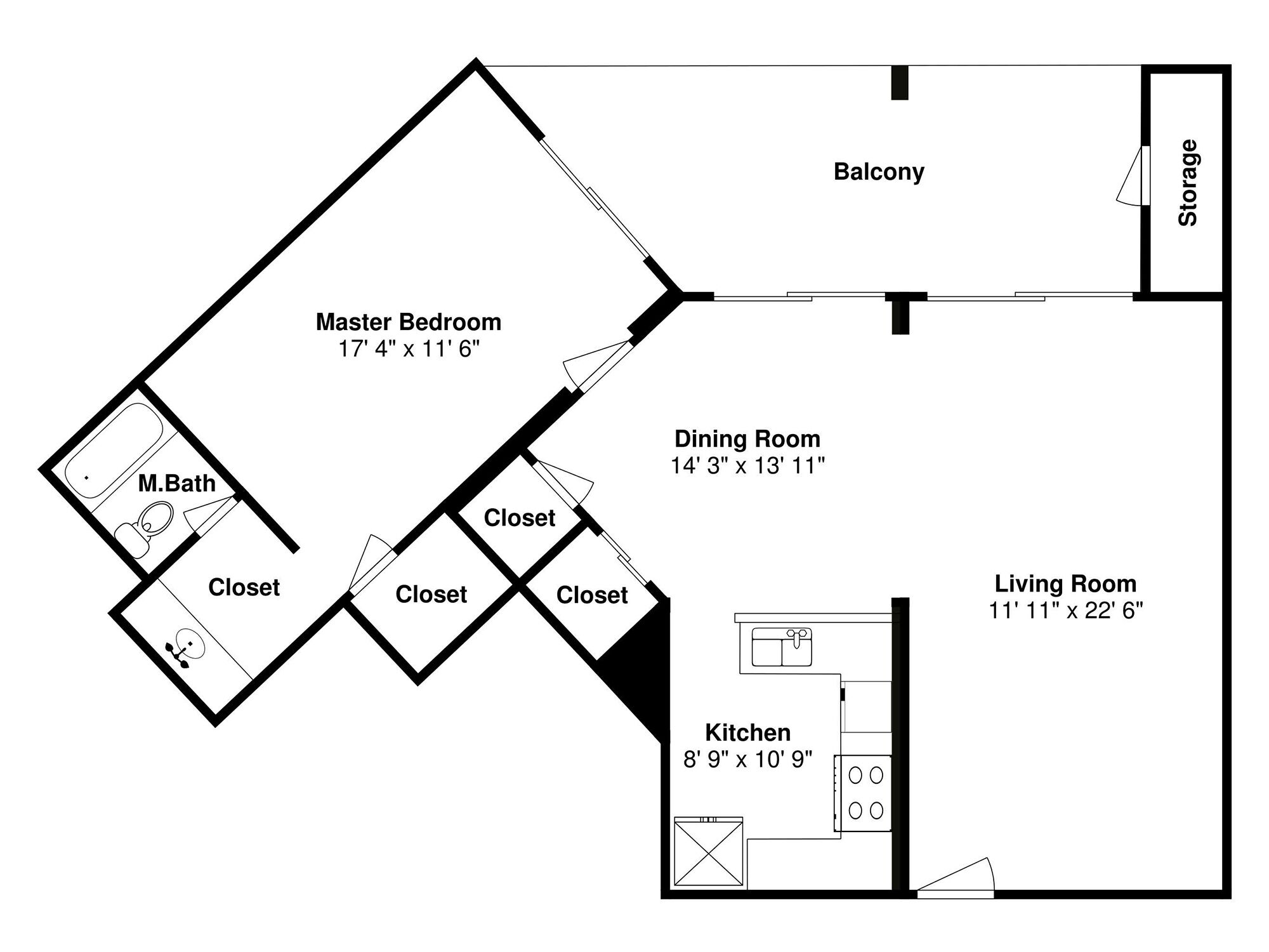 A floor plan of a house with a master bedroom, dining room, living room, kitchen, master bathroom, and a balcony.