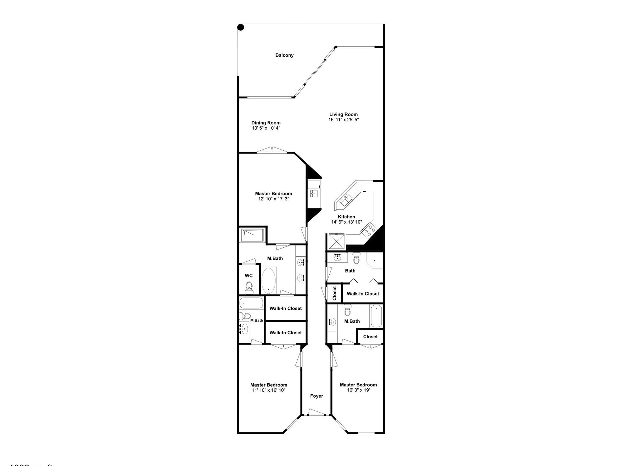 Un plan d’étage d’un hôtel comprenant un balcon, une salle à manger, un salon, des chambres principales, des dressings, une cuisine et des salles de bain.