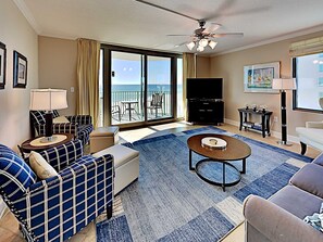 Condo, Multiple Beds, Balcony, Ocean View (#604 - No Pets) | Living area | 43-inch TV with cable/satellite channels - Perdido Towers by Southern Vacation Rentals (Pensacola)
