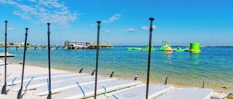 A beach with paddleboards and paddles lined up on the sand, a pier in the background, and clear blue skies.