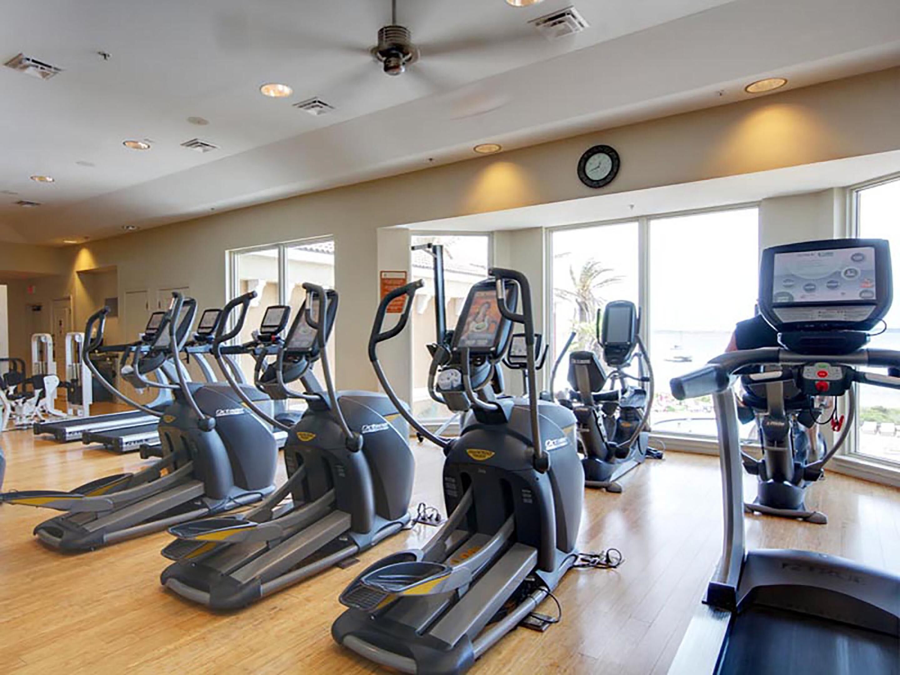 A gym with multiple treadmills and ellipticals, large windows, and a clock on the wall.