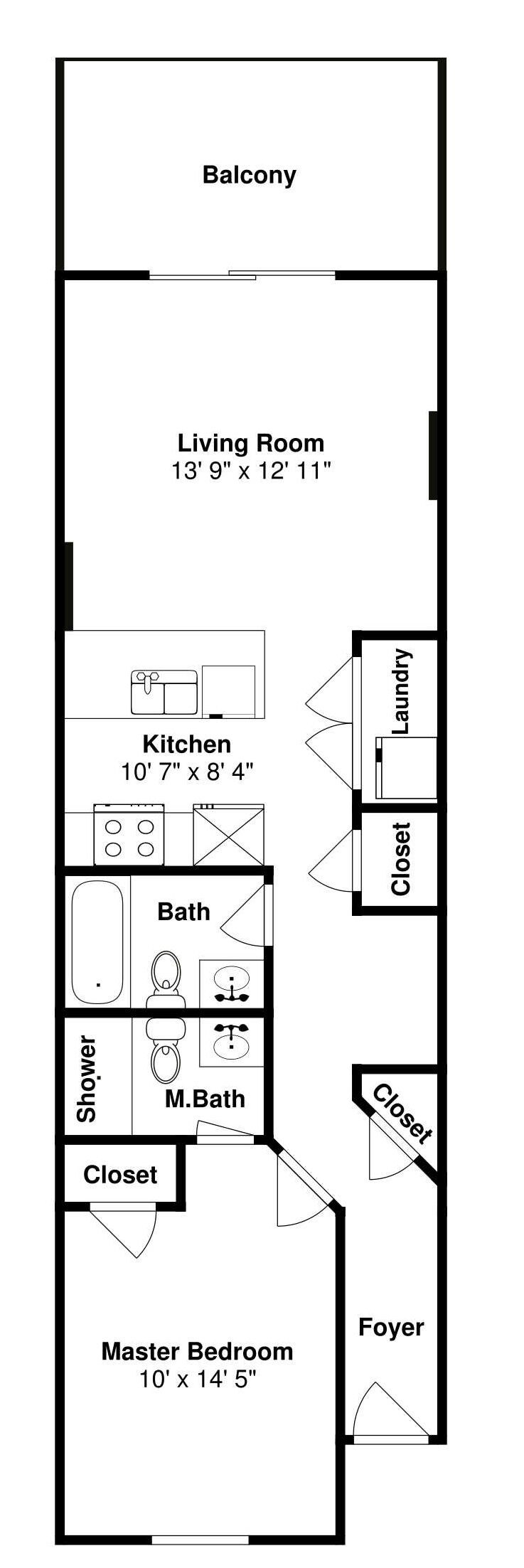 En planritning som visar en balkong, vardagsrum, kök, sovrum och en entréhall.