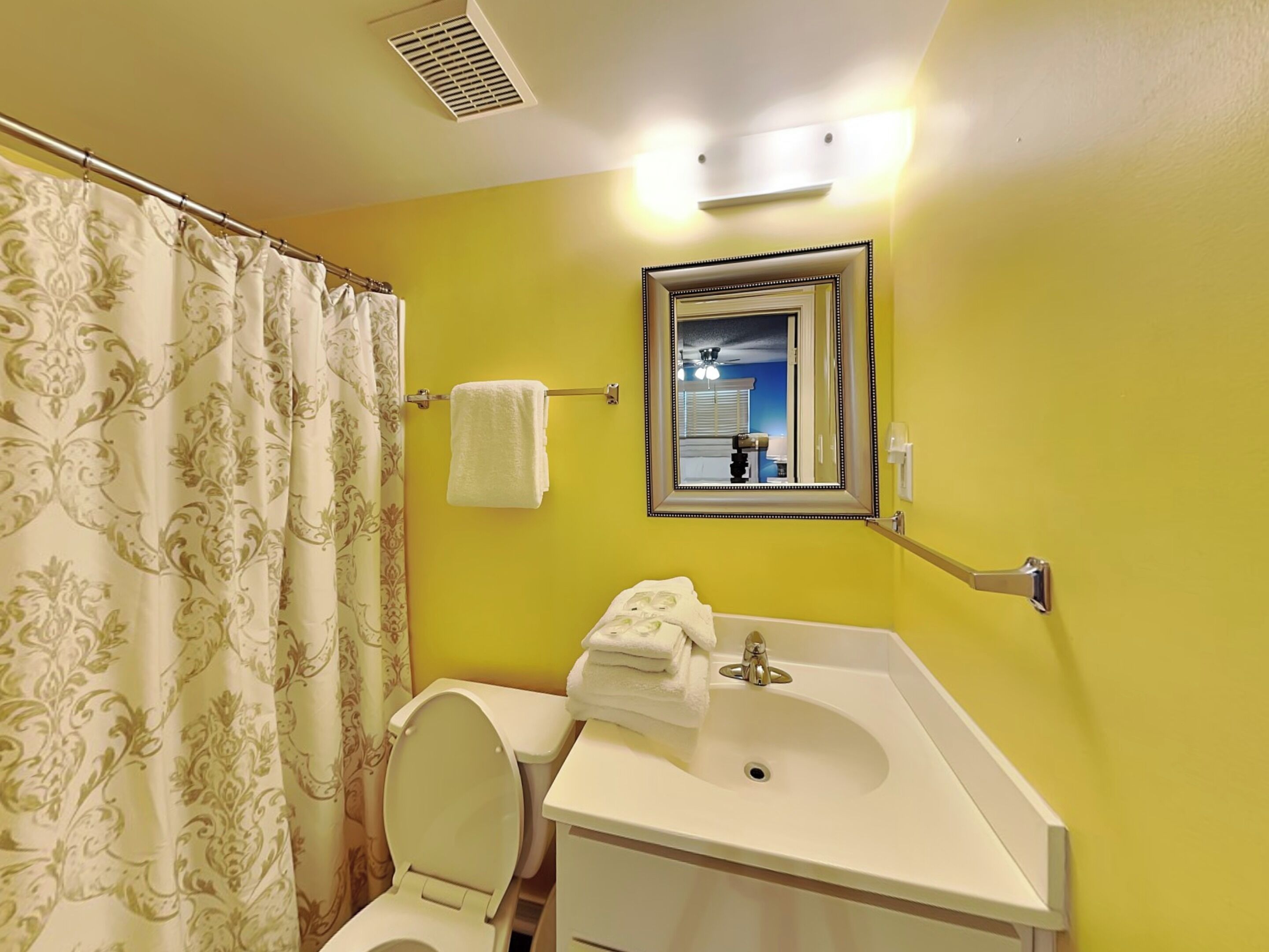 A bathroom with a toilet, sink, and shower curtain.