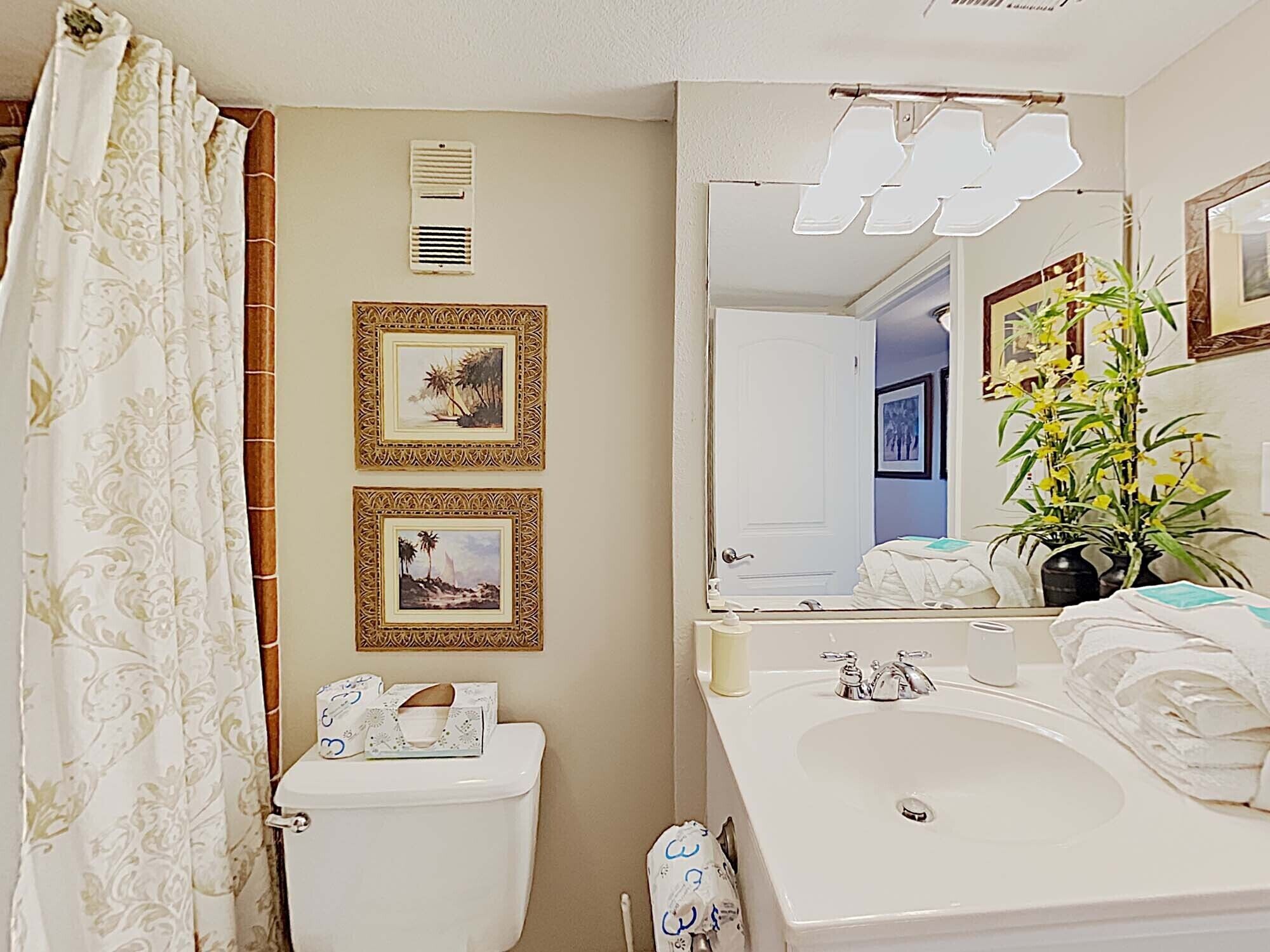 Une salle de bain avec des toilettes, un lavabo, un rideau de douche et deux tableaux encadrés au mur.