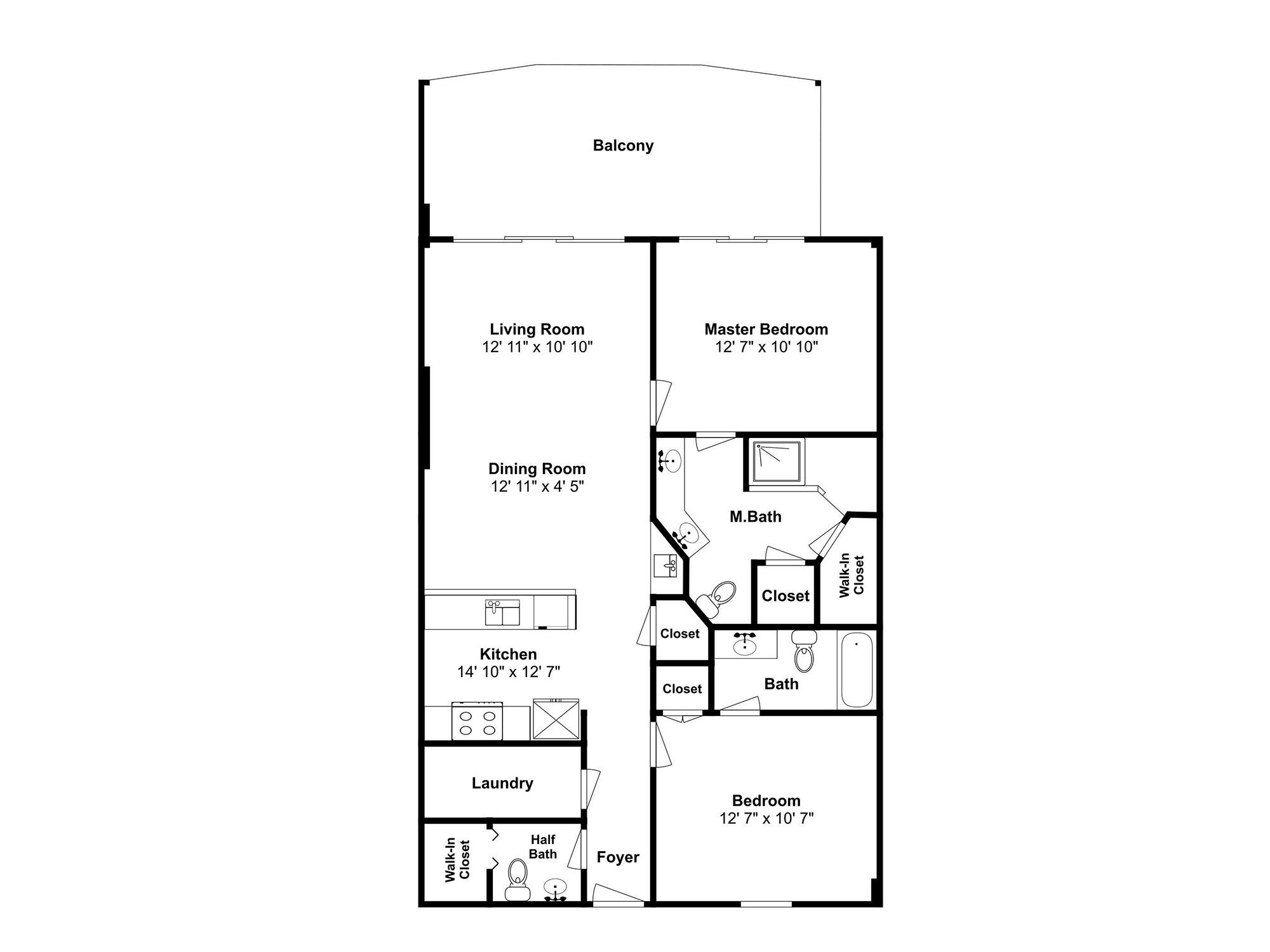 Planta baixa de um quarto de hotel com varanda, sala de estar, quarto principal, sala de jantar, cozinha, lavanderia e dois banheiros.