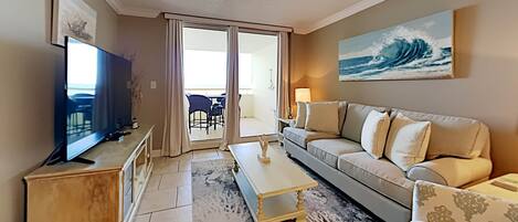 Condo, Multiple Beds, Balcony, Ocean View (#208 - No Pets) | Living area | TV, MP3 dock