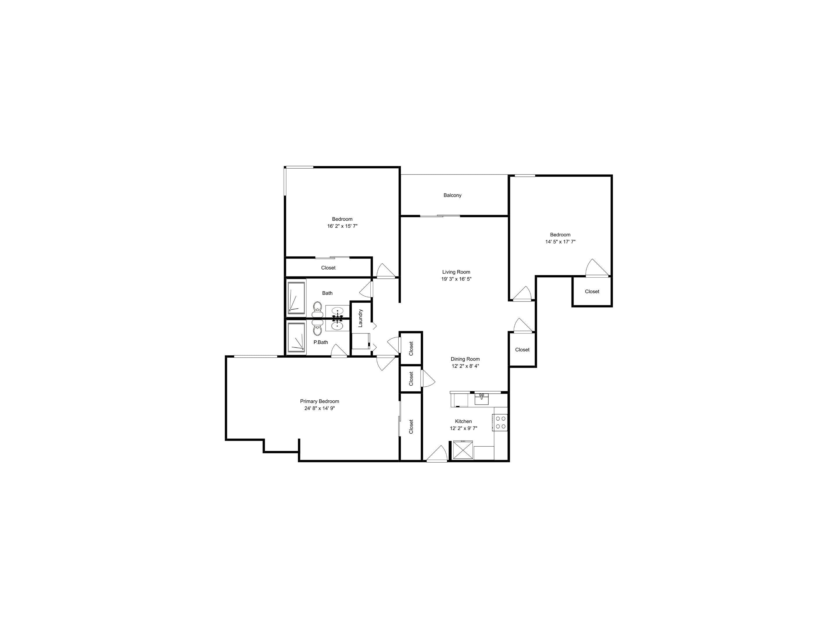 Een plattegrond van een hotel met een hoofdslaapkamer, logeerkamer, woonkamer, eetkamer, keuken, badkamer en een balkon.