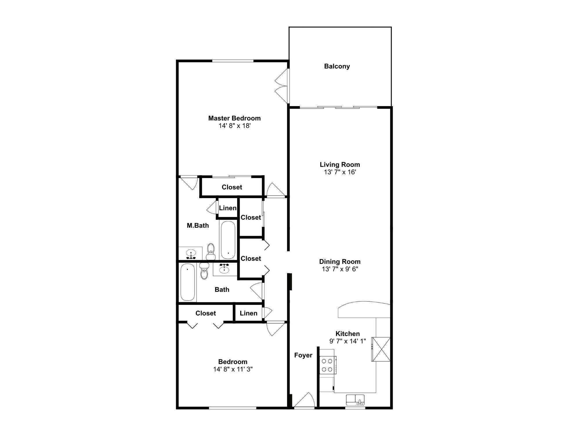 A floor plan of a hotel room with a master bedroom, balcony, living room, dining room, kitchen, and two bathrooms.