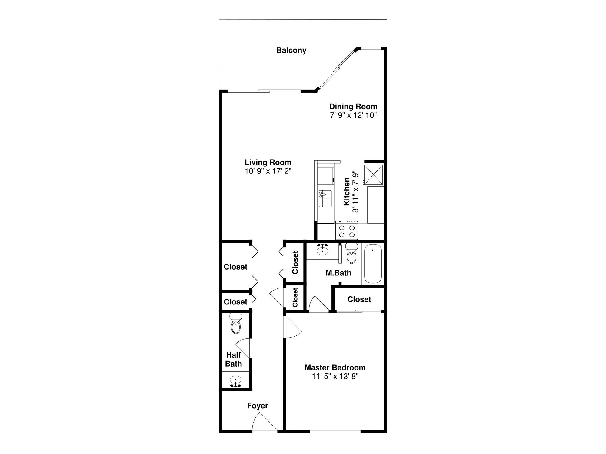 A floor plan of a hotel room with a balcony, dining room, living room, kitchen, master bedroom, half bath, closet, master bath, and foyer.