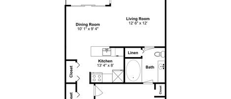 A floor plan with a balcony, dining room, living room, kitchen, bathroom, and two closets.