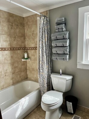 Ensemble douche/baignoire, sèche-cheveux, serviettes fournies, savon