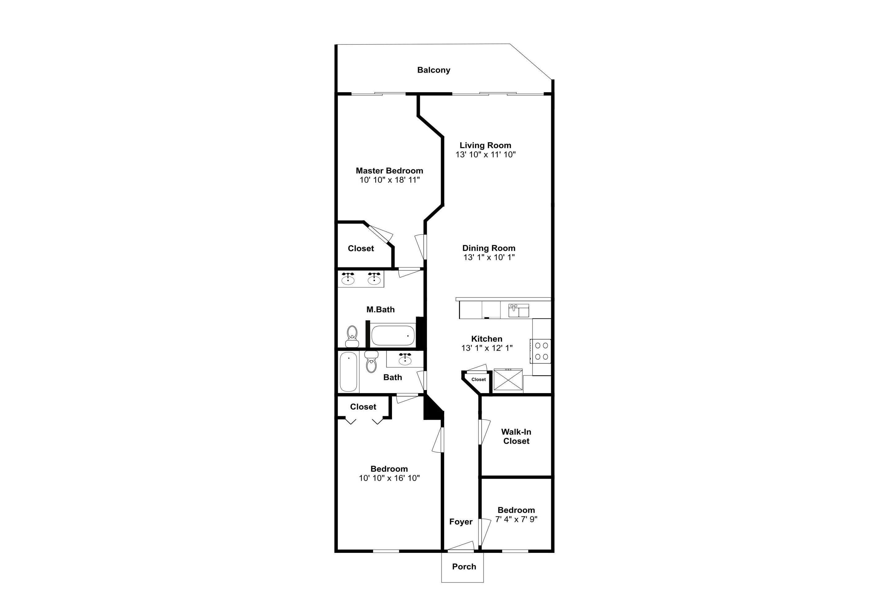 Plan d’étage d’un appartement-studio avec balcon, chambre principale, salon, salle à manger, cuisine, salle de bain, deux chambres, un hall d’entrée et une véranda.
