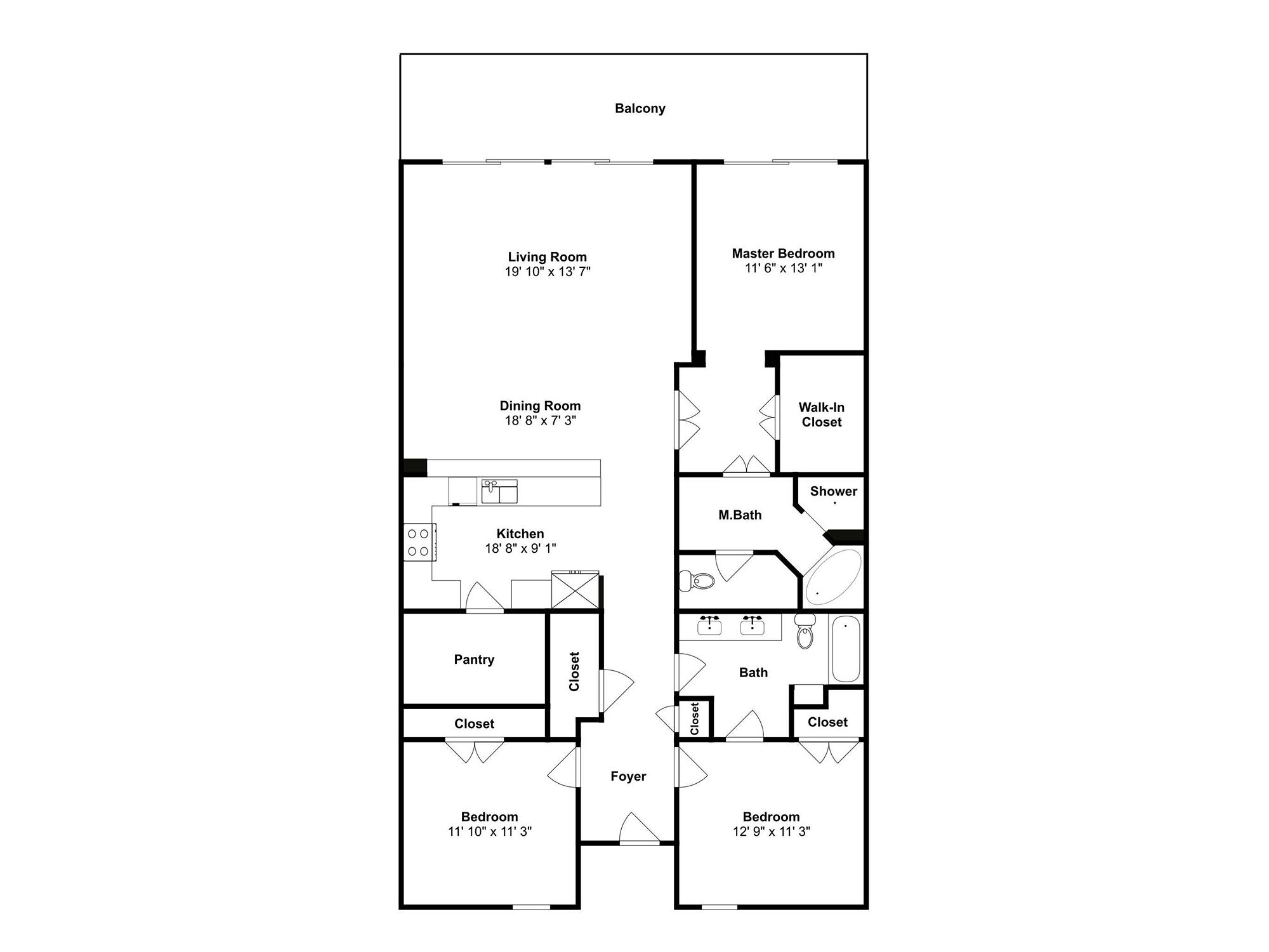Plano de planta de una habitación de hotel con sala de estar, dormitorio principal, comedor, cocina y dos baños.