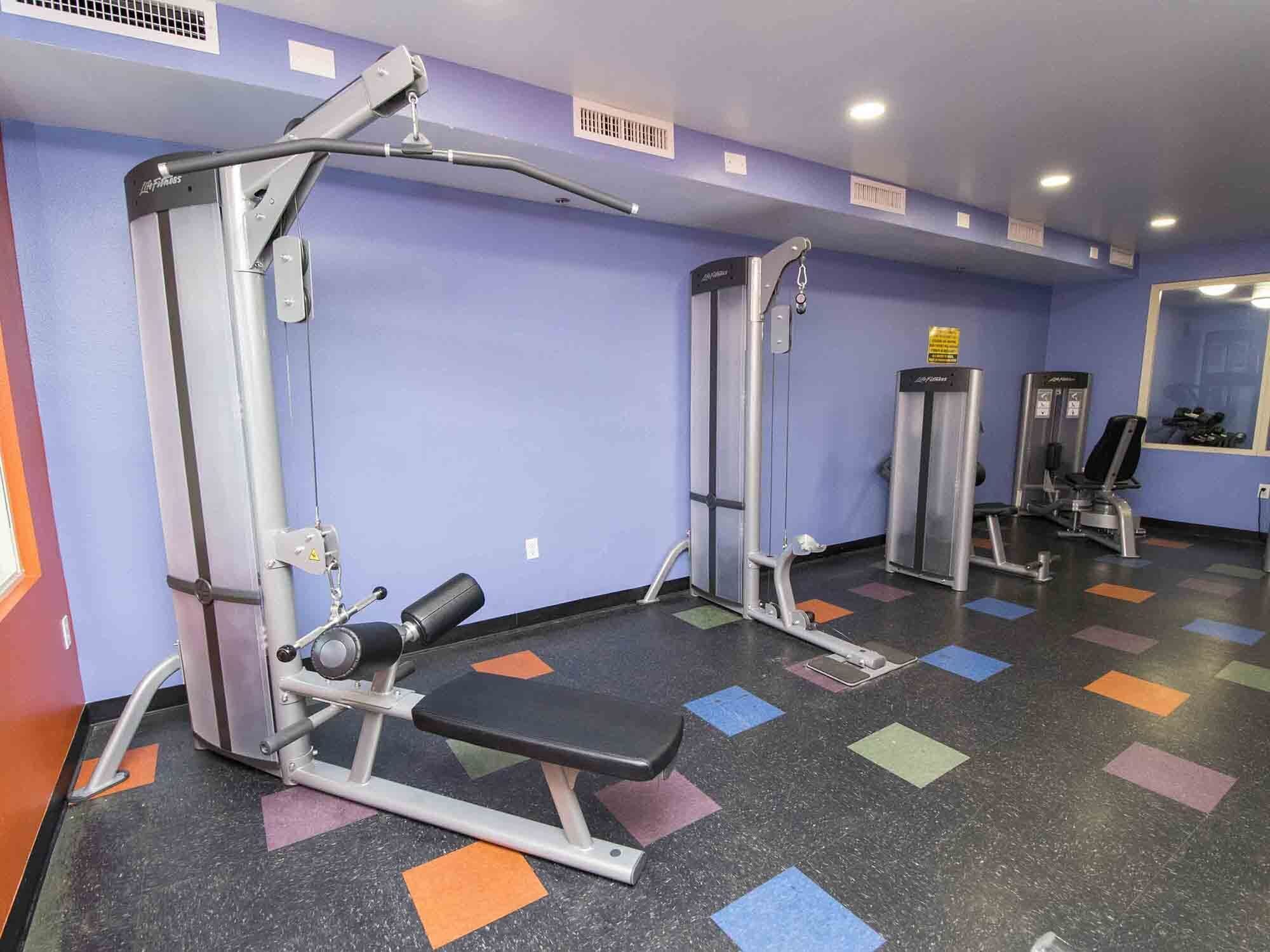 Een fitnessruimte met krachttoestellen, een bankdrukpers en een spiegel aan de muur.