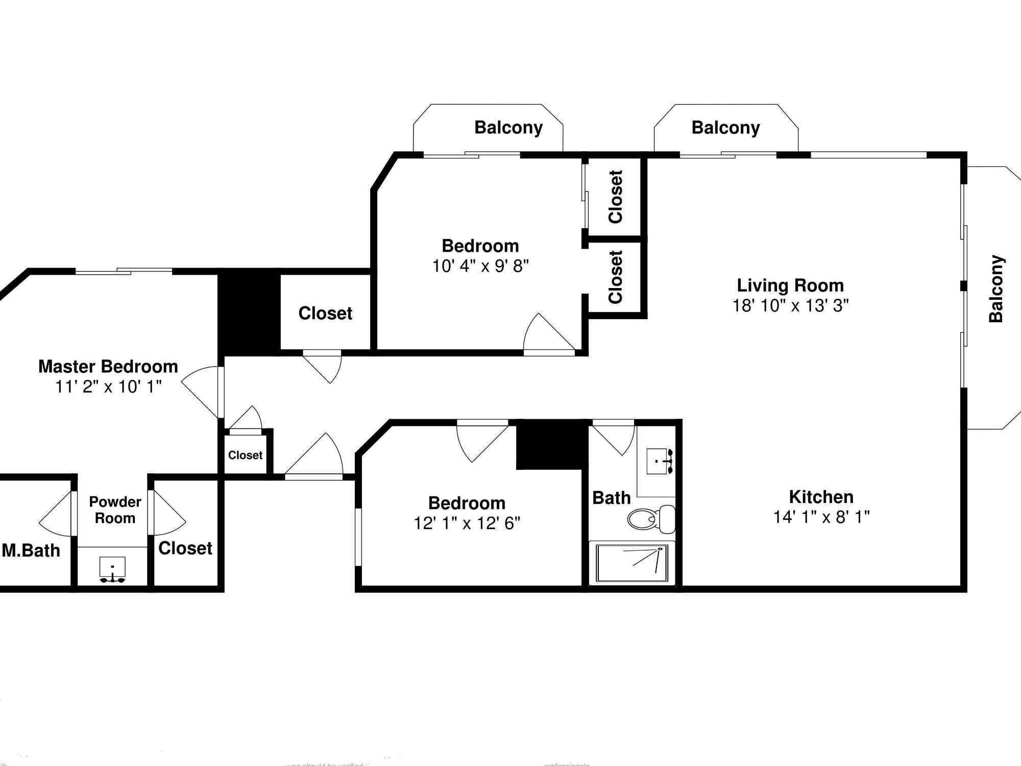 A floor plan of a house with a master bedroom, two bedrooms, a living room, a kitchen, and two balconies.