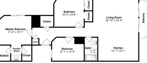 A floor plan of a house with a master bedroom, two bedrooms, a living room, a kitchen, and two balconies.