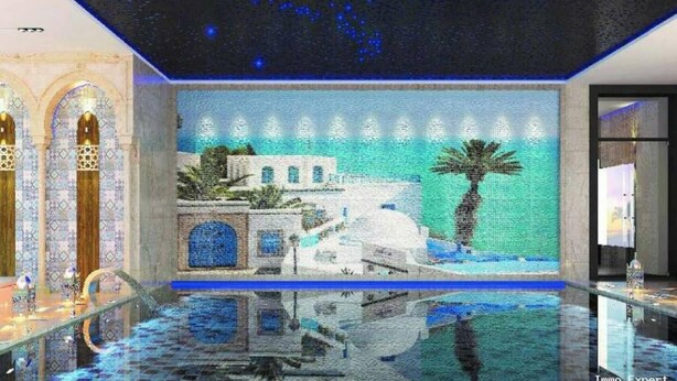 A room with a mosaic wall depicting a coastal scene, a reflective pool, and traditional architectural elements. - 1 Bed Flat - Sleeps 2 - Parking - Wifi (Tunis)