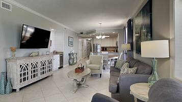 Condo, Multiple Beds, Balcony, Ocean View (#1001 - No Pets) | Living area | TV