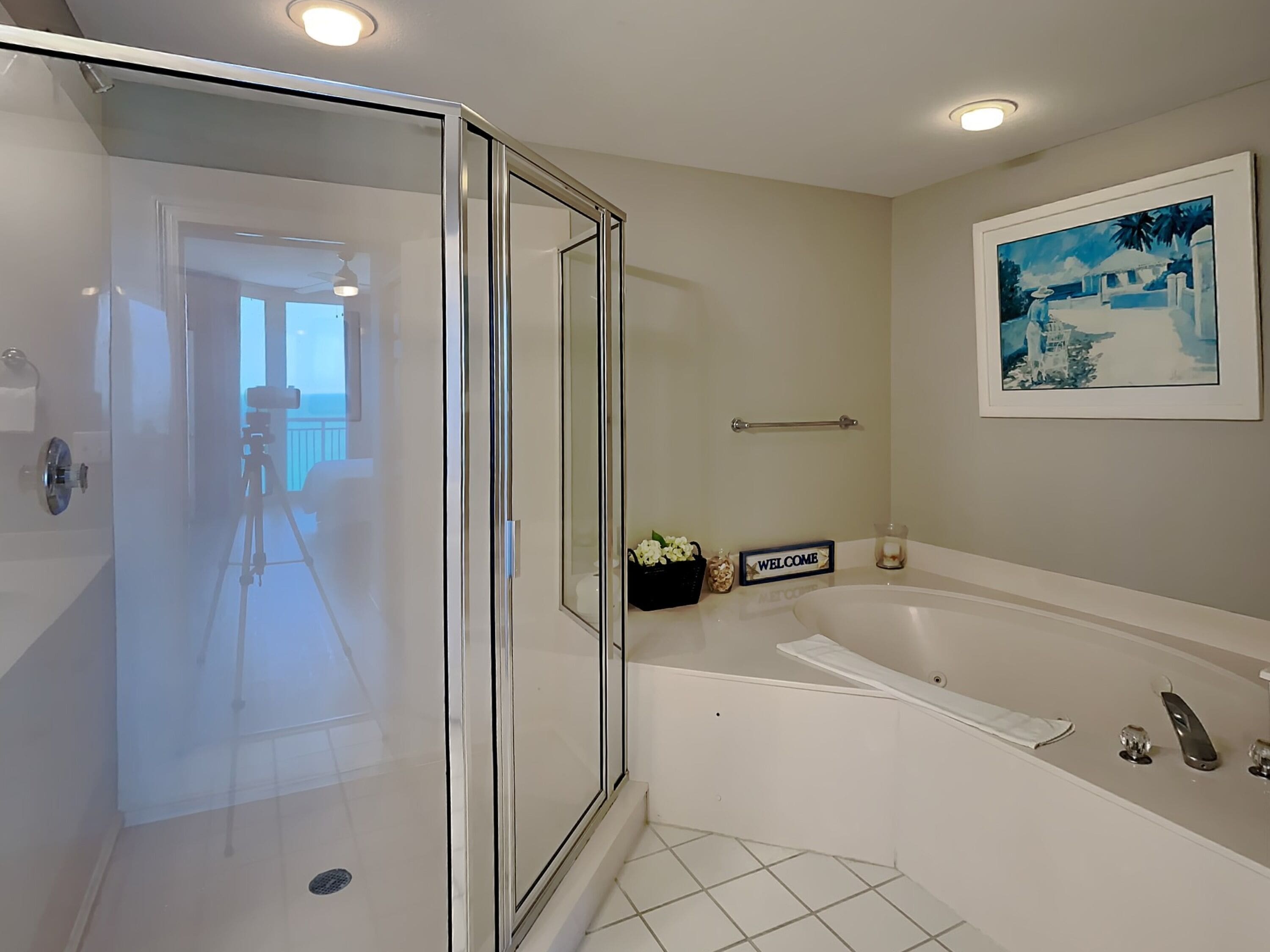Une salle de bain moderne avec une douche à l’italienne en verre, une grande baignoire et un panneau d’accueil.