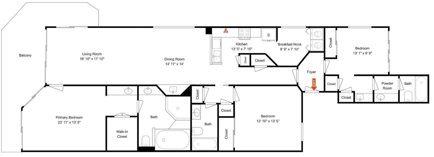 Plano de planta con balcón, sala de estar, comedor, cocina, rincón de desayuno, vestíbulos, armarios, baño de visitas, baño, dormitorio principal, vestidor y dormitorio secundario.