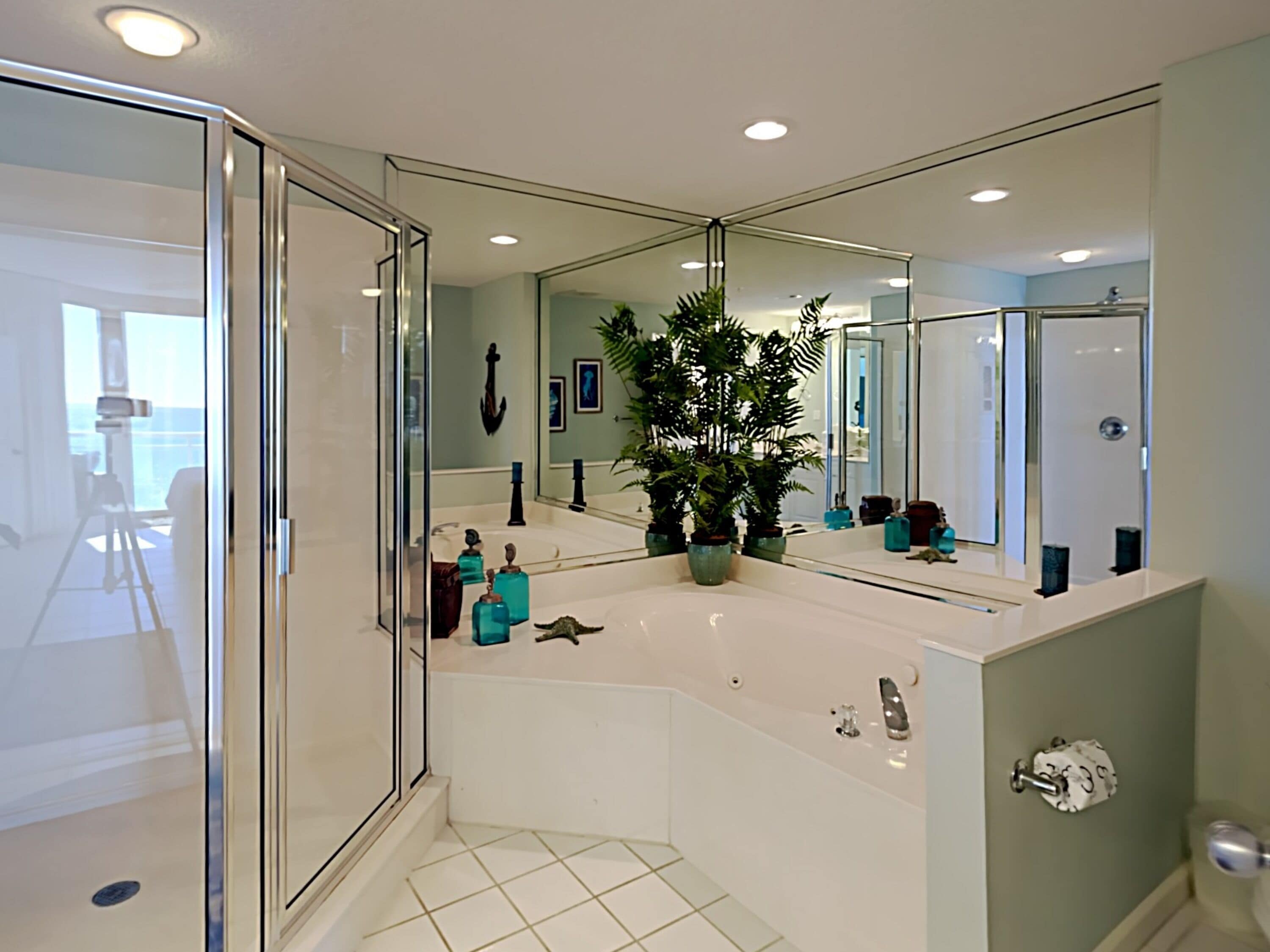 A modern bathroom with a glass shower enclosure, a large mirror, and a potted plant.