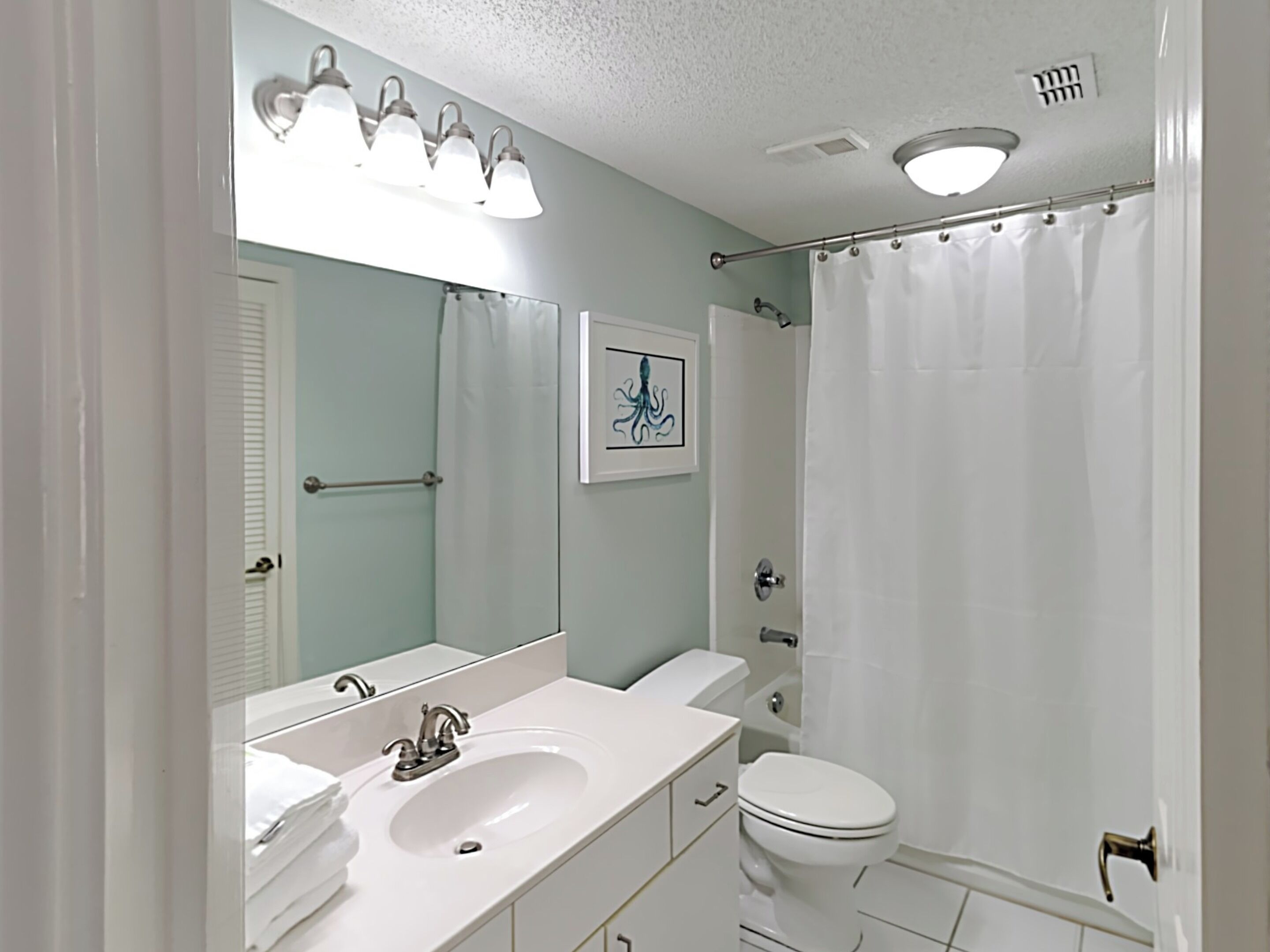 Une salle de bain avec un lavabo blanc, un miroir et des toilettes. On y trouve un rideau de douche et un tableau encadré accroché au mur.