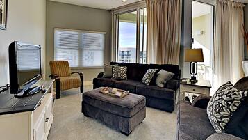 Condo, Multiple Beds, Balcony, Ocean View (#601 - No Pets) | Living area | Flat-screen TV, MP3 dock