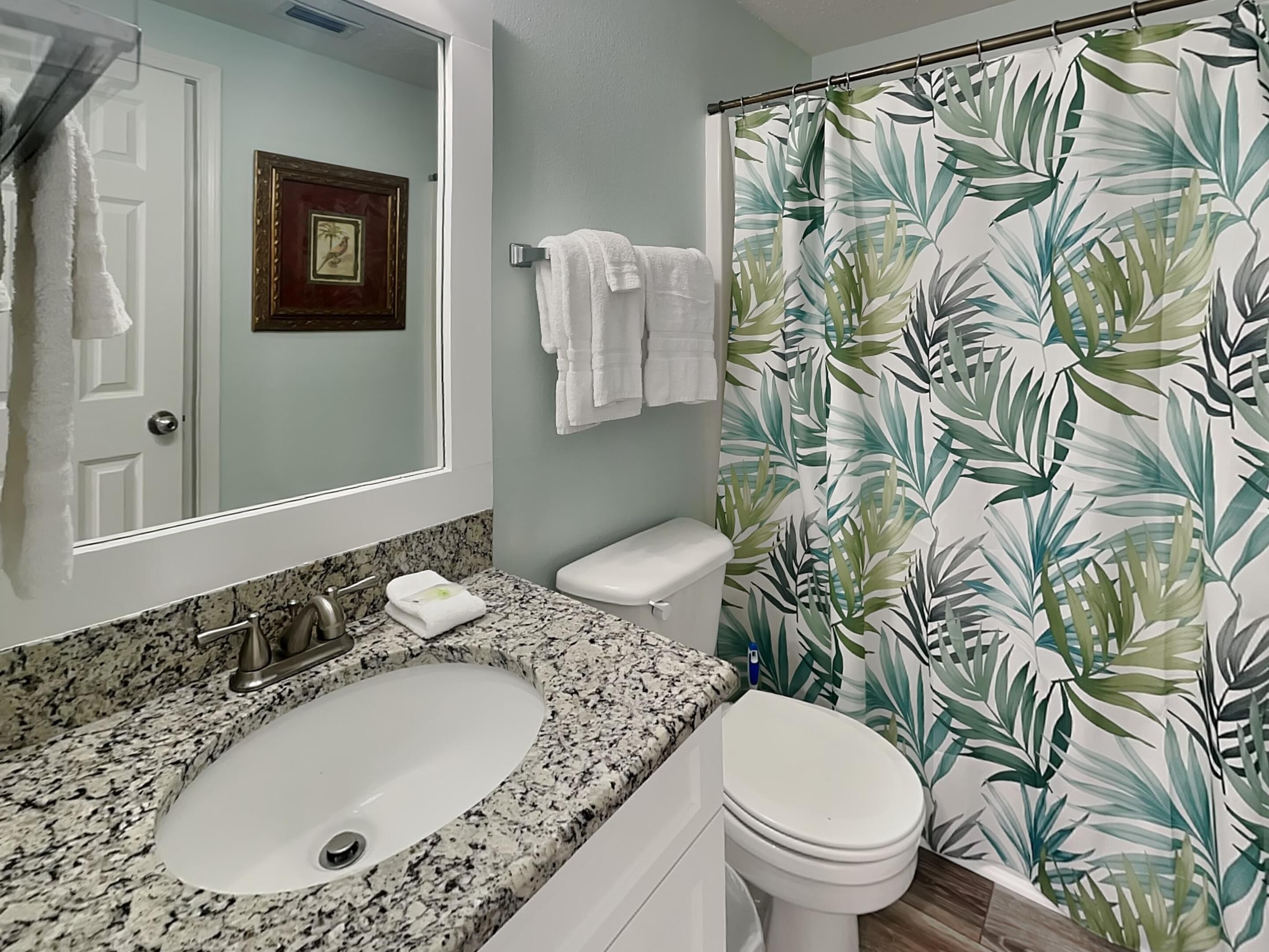 A bathroom with a granite sink, white toilet, and a shower curtain with a leaf pattern.