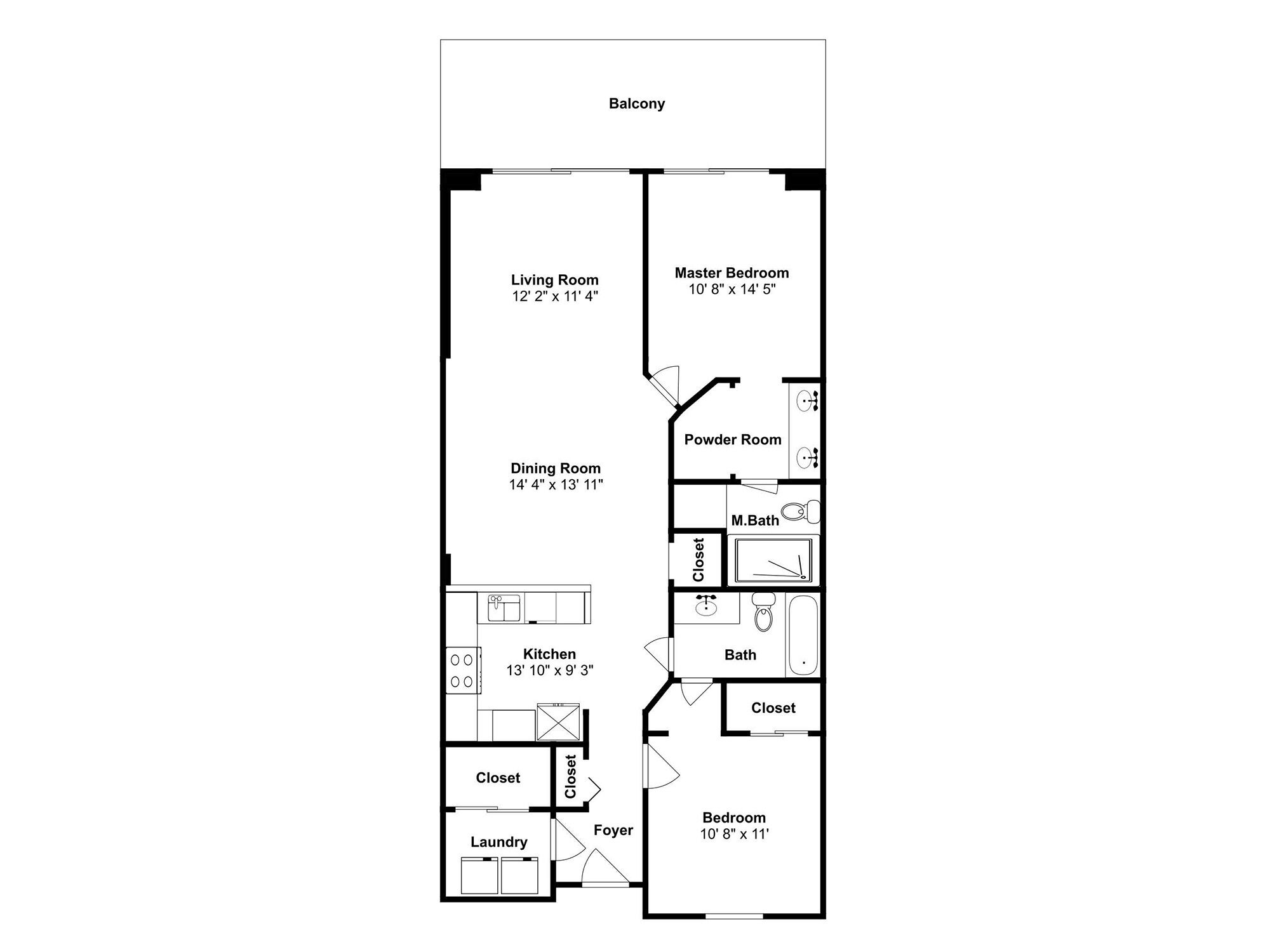 A floor plan of a hotel room with a living room, master bedroom, dining room, powder room, kitchen, bathroom, closet, laundry, and foyer.
