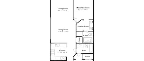 A floor plan of a hotel room with a living room, master bedroom, dining room, powder room, kitchen, bathroom, closet, laundry, and foyer.