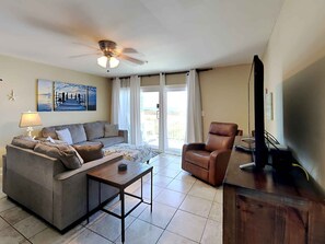 Condo, Multiple Beds, Balcony, Ocean View (#E - No Pets) | Living area | 40-inch TV with digital channels - The Dory by Southern Vacation Rentals (Pensacola)